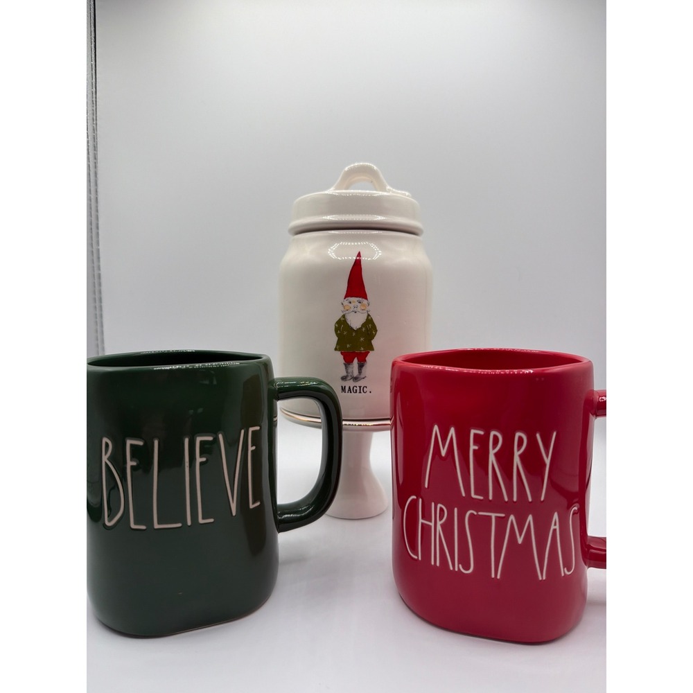 Rae Dunn Christmas Lot Believe & Merry Christmas Mugs w/ "Magic" Gnome Canister